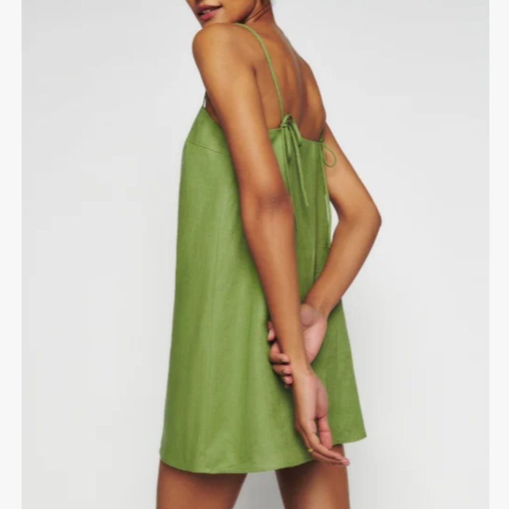 NWOT Reformation Aubree Linen Dress in Avocado Green Mini Tie Straps